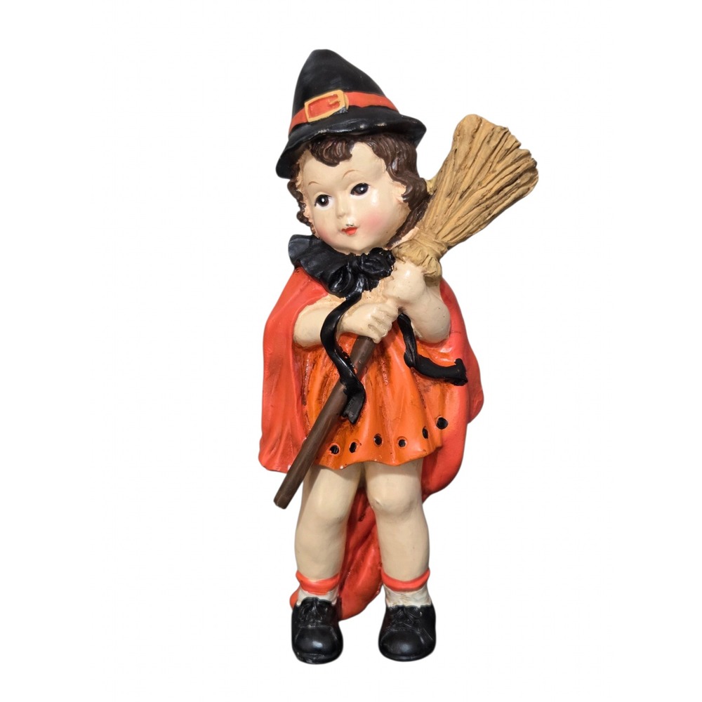 Vintage Style Halloween Witch Girl Figurine with Broom Orange and Black